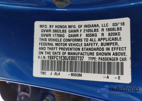 2018 Honda Civic Ex-T z USA, uszkodzony, nr VIN 19XFC1E30JE002737